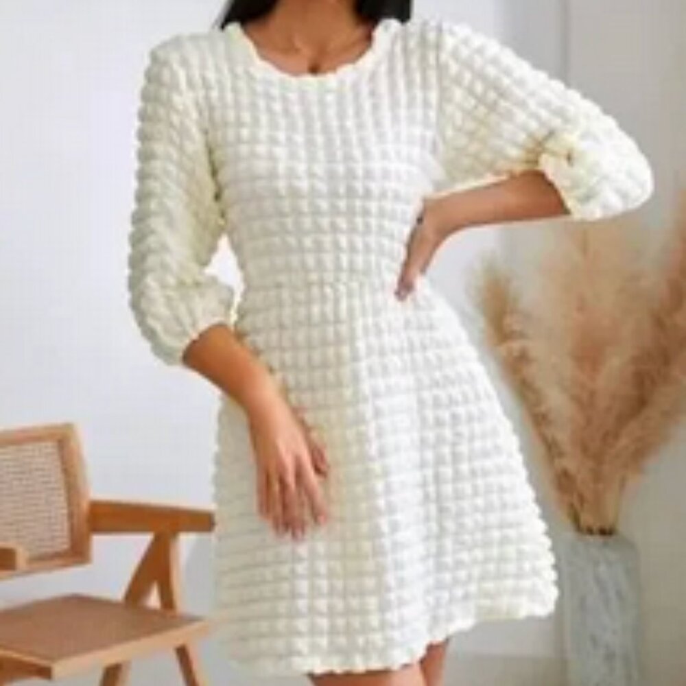 Shein Dress, Off-White Textured Bubble Party Fit and Flare Puff Sleeves, sz M.